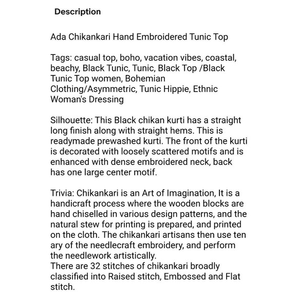 Ada Chikankari Hand Embroidered Tunic Top  Size XL  NWT  Black & Gray  Ethnic - Picture 12 of 13